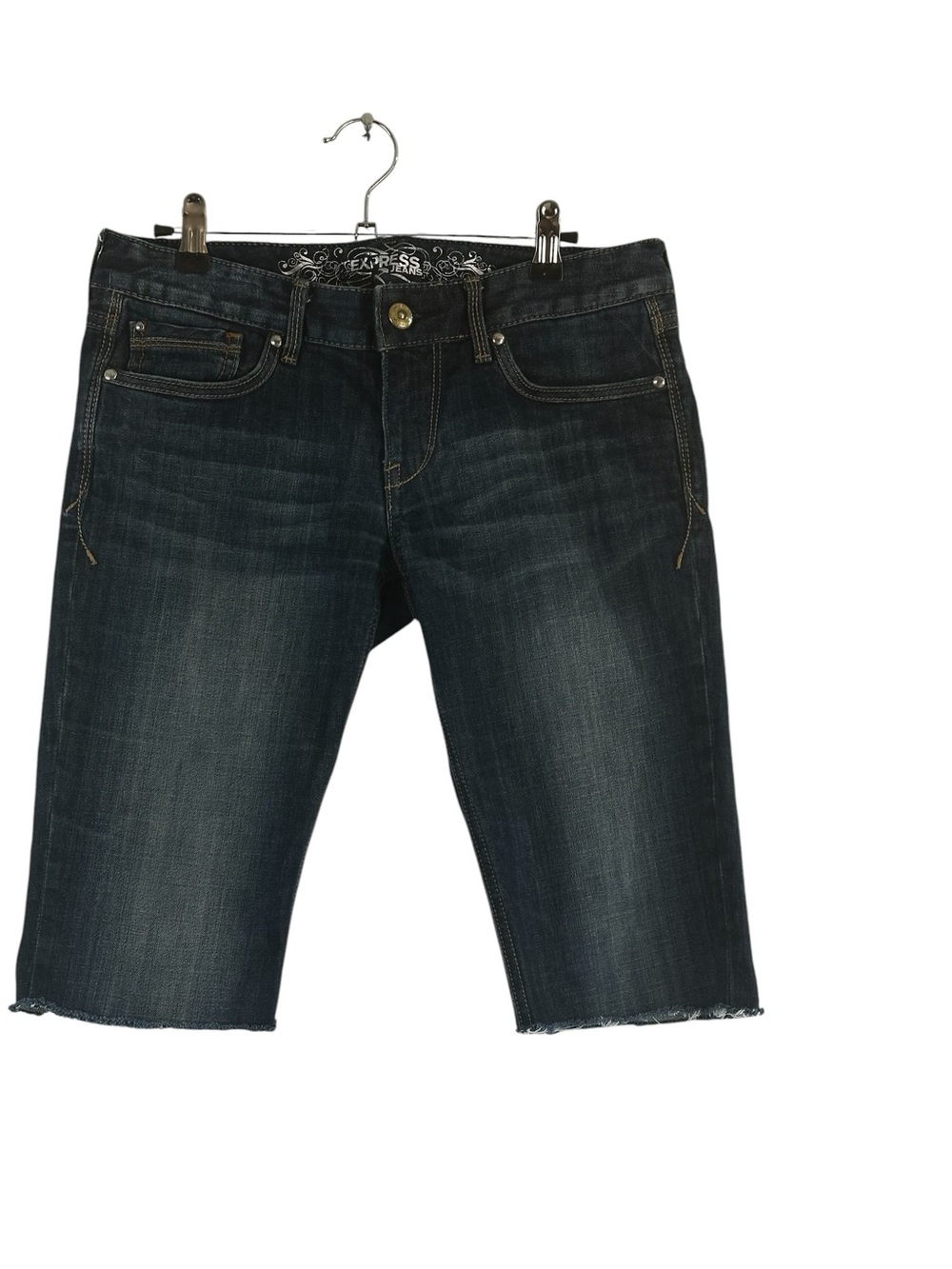 Express Jeans Y2K Denim Bermuda Shorts Women’s Size 4S Dark Wash Raw Hem